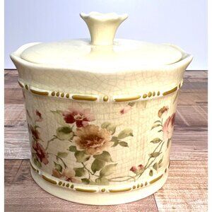 Croscill Home Porcelain Floral Canister With Lid Crackle Glaze 6" Tall Rose Patt